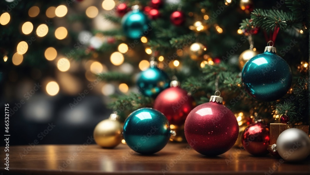 Close up shot of Christmas Tree With Baubles And Blurred Shiny Lights Close up shot of Christmas Tree With Baubles And Blurred Shiny Lights