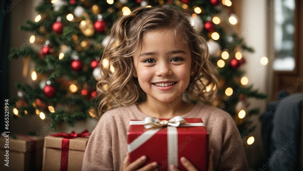 Portrait of a Happy little cute girl with Christmas gift boxes and Christmas tree in background Portrait of a Happy little cute girl with Christmas gift boxes and Christmas tree in background