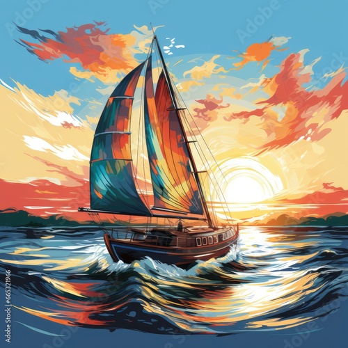 Sailboat With A Colorful Spinnaker At Sunset Sunset , Cartoon Illustration Background