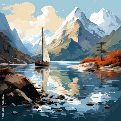 Sailing Along A Rugged Fjord Fjord Exploration , Cartoon Illustration Background