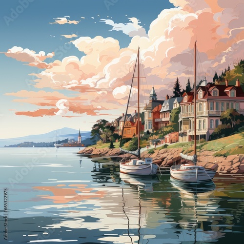 Sailing Into A Picturesque Harbor Harbor Entrance, Cartoon Illustration Background