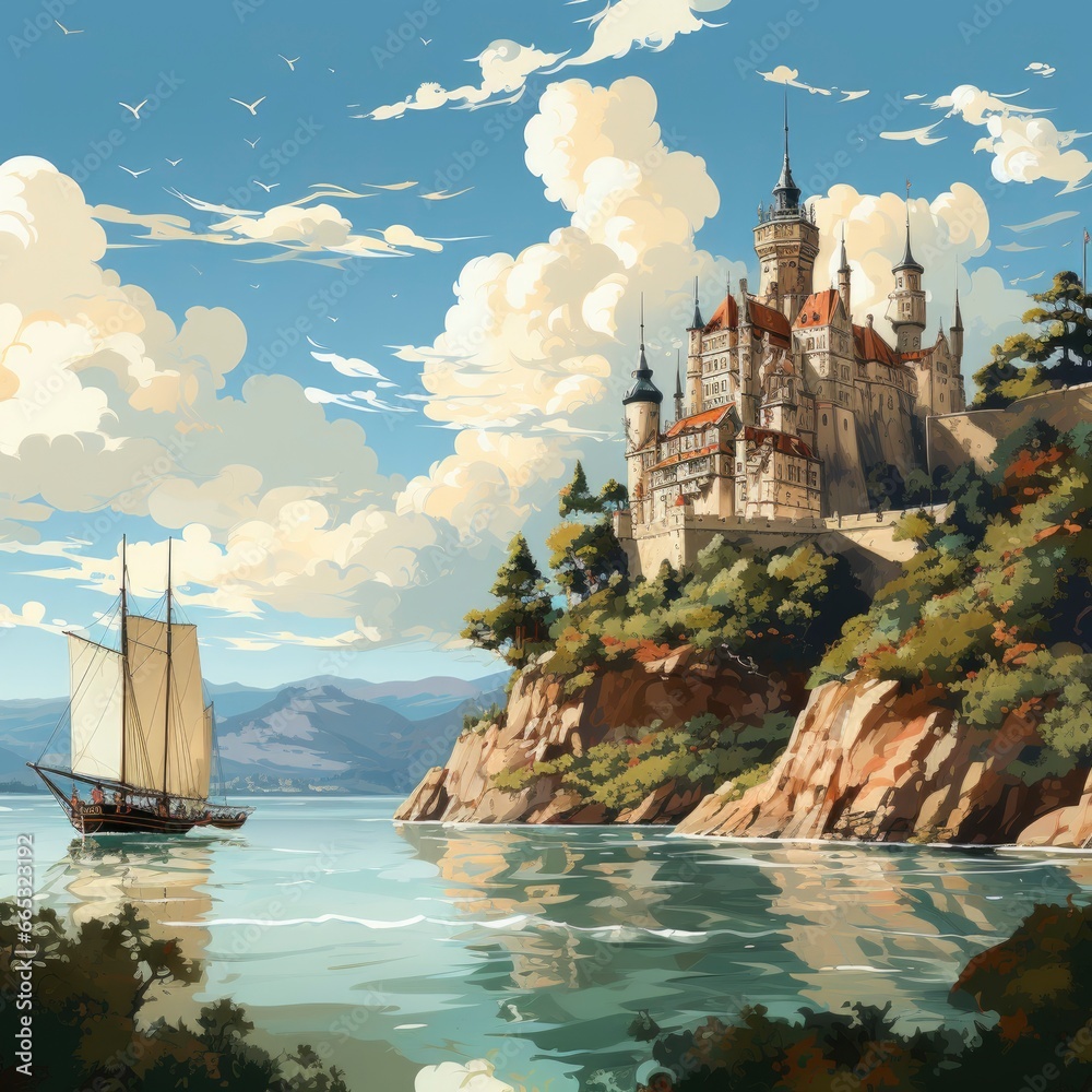 Fototapeta premium Sailing Past An Ancient Castle Castle , Cartoon Illustration Background