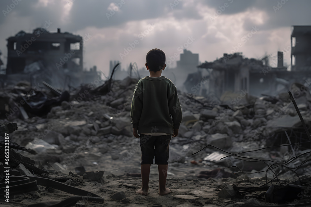 A child is standing in front of a destroyed building because of the war. A child is standing in front of a destroyed building because of the war.