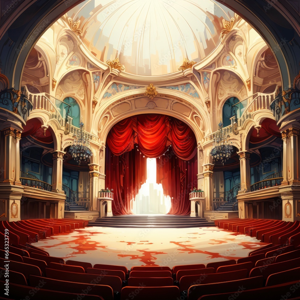 Theater Stage With Dramatic Lighting Theatrical Light, Cartoon Illustration Background