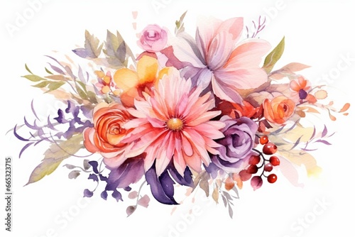 Hand-painted watercolor bouquet of flowers on white background. Generative AI © Verena