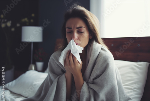 beautiful sick woman blowing her nose with a tissue. flu and cough. AI Generated Images