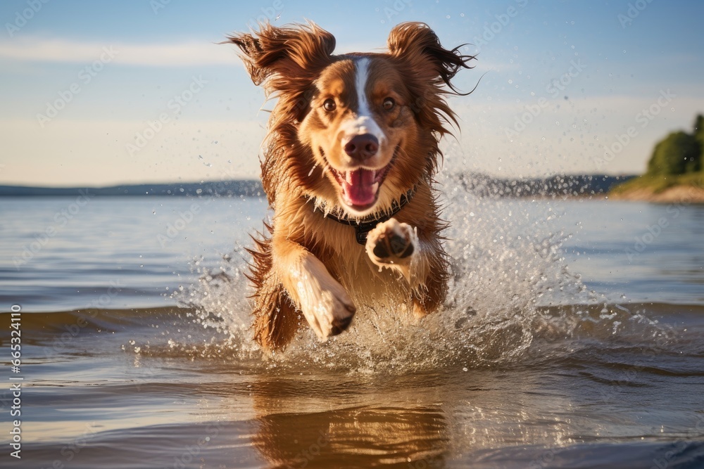 Dog jumping into the water on the beach