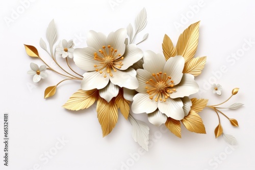 3d gold flowers white backgroung.