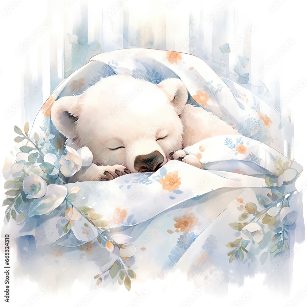 A sleepy baby white bear in bedding. watercolor illustrations.
