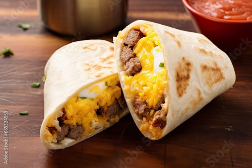Breakfast burrito with sausage, eggs, hashbrown and cheese. AI Generated