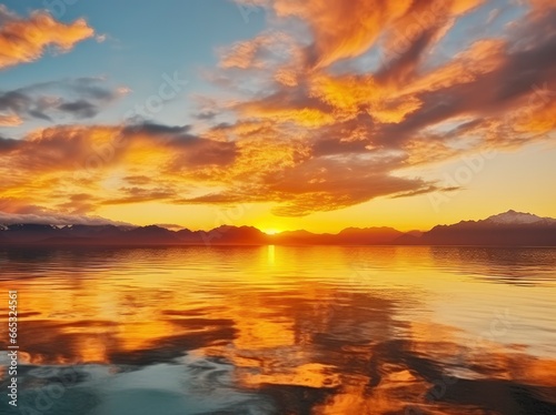 Bright sunset over Lake golden clouds reflect in the water. © Dibos