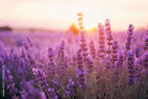 Close up lavender flowers in beautiful field at sunset. © Dibos