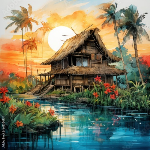 A watercolored bright serene image of a traditional bahay kubo. photo