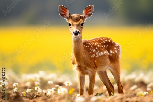 Female roe deer with beautiful flower. © Dibos