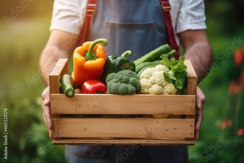 Farmer man holding wooden box full of fresh raw vegetables. © Dibos