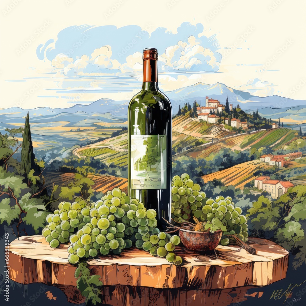 Wine Bottle With A Vineyard View Vineyard , Cartoon Illustration Background