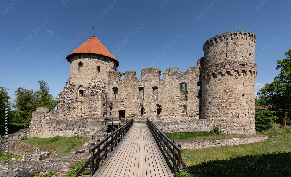looking across moat to the walls of Cesis Castle, Cesis, Latvia - obrazy, fototapety, plakaty 