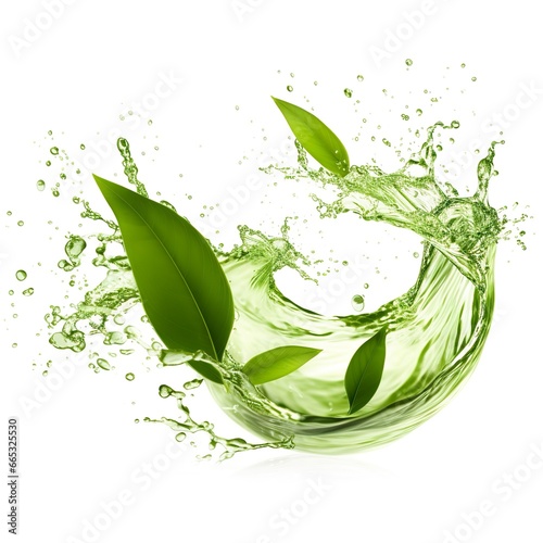 Green herbal tea wave splash with leaves flow.