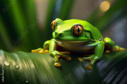 Tree Frog sitting on plant.