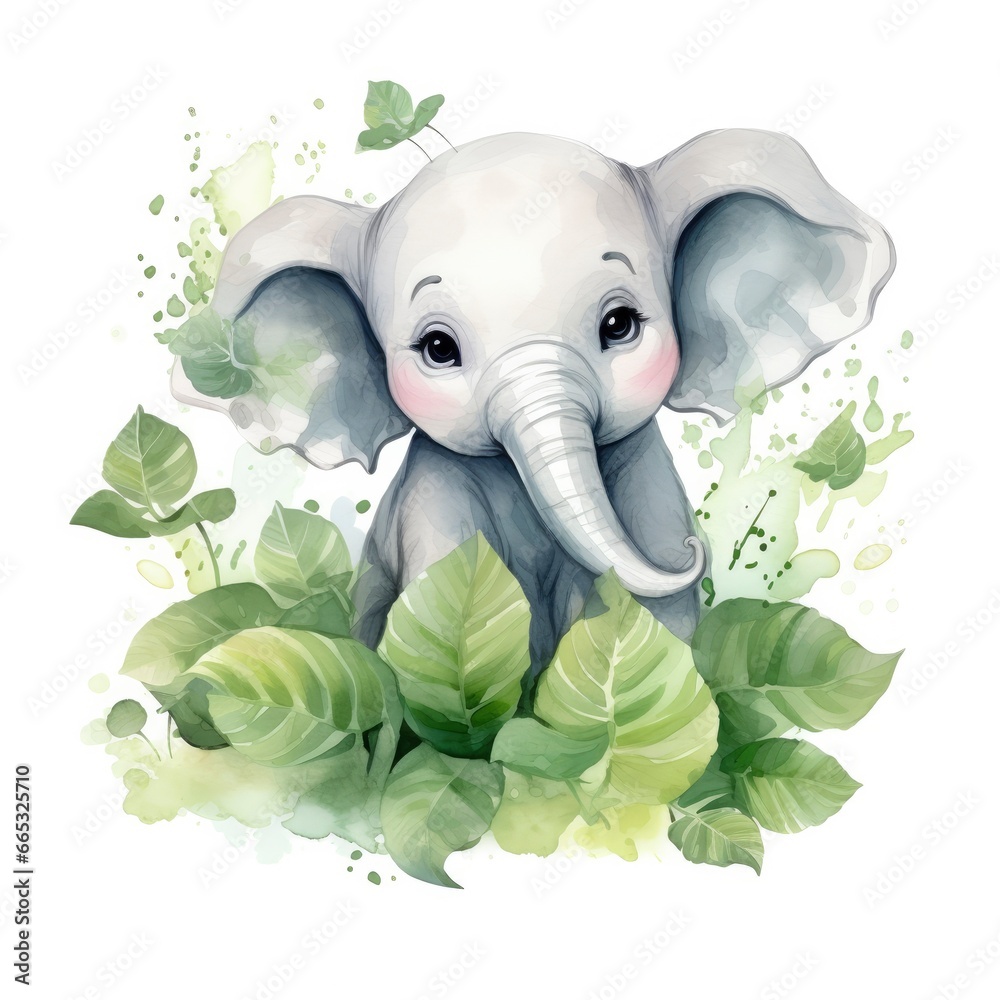 Happy cute baby elephant in green leaves in the watercolor style.