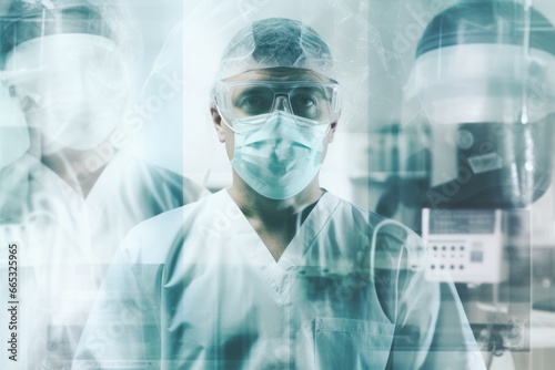 Double exposure photography of closeup doctor and the hospital operating room. Generative AI.