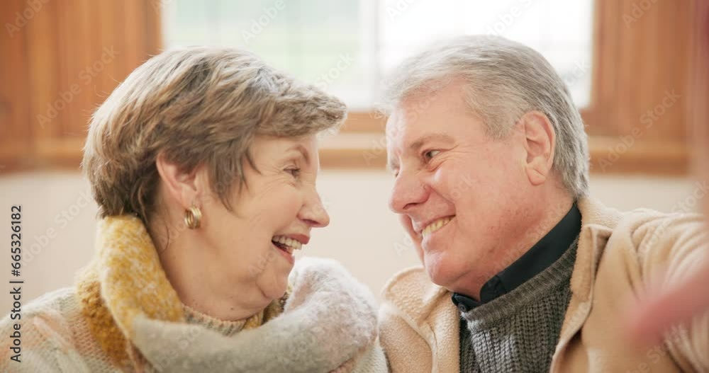 Selfie, love and retirement with a senior couple laughing on a sofa for social media in their home together. Portrait, smile or happy with elderly man and woman profile picture in their apartment Selfie, love and retirement with a senior couple laughing on a sofa for social media in their home together. Portrait, smile or happy with elderly man and woman profile picture in their apartment