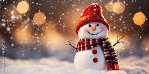 Snowman with a Santa hat,close up,empty space. Generative AI. © Dusit