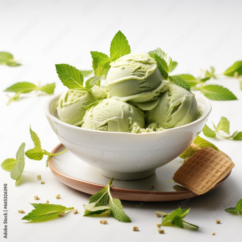 Matcha ice cream dessert on white background.
