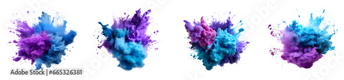 Set of powder explosion blue purple cyan, Colorful paint splash elements for design, isolated on white and transparent background
