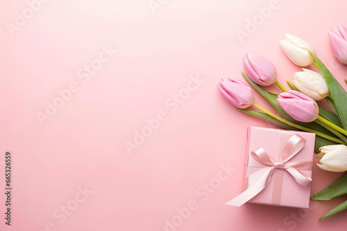 Pink gift box with ribbon bow and bouquet of tulips on isolated pastel pink background. © Dibos