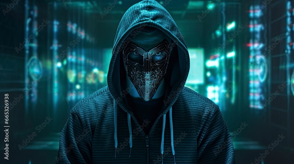 Binary Intrigue. Anonymous robotic hacker. Concept of hacking. Binary Intrigue. Anonymous robotic hacker. Concept of hacking.