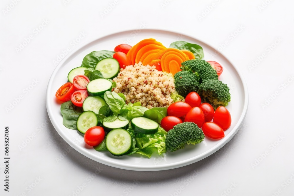 Salad with quinoa, spinach, broccoli, tomatoes, cucumbers and carrots.