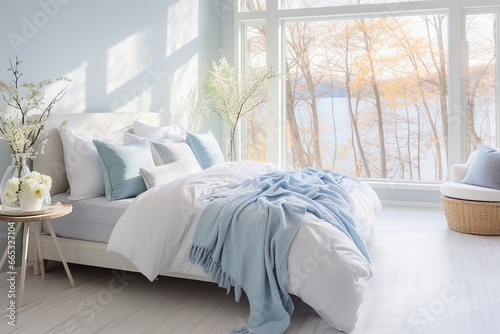 Bedroom Interior with Pastel Blue Shades. Copy Space. Generative AI