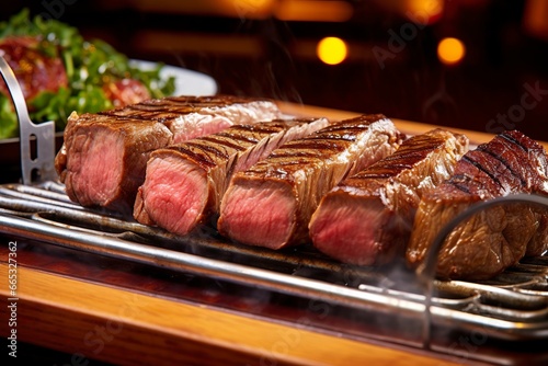 Steak rotisserie at the steakhouse, sliced picanha, Picanha.