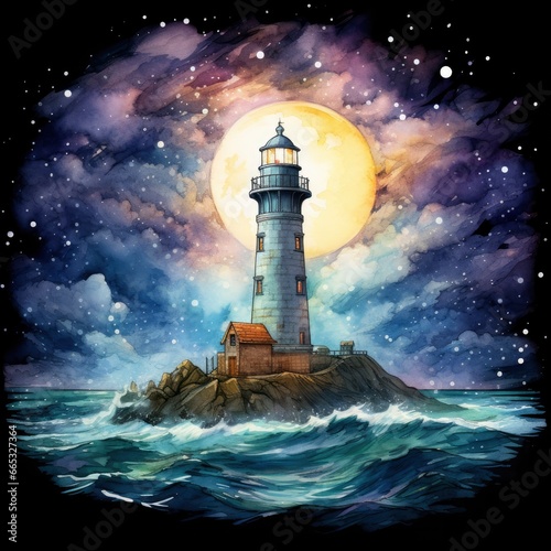 Lighthouse beside the sea at Night. watercolor for T-shirt design.