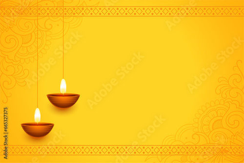 traditional shubh deepavali yellow background with text space and diya design