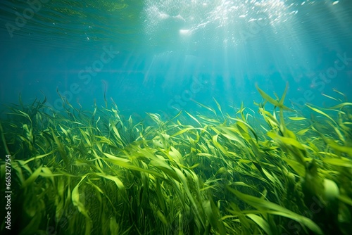 Underwater view of a group of seabed with green seagrass. photo