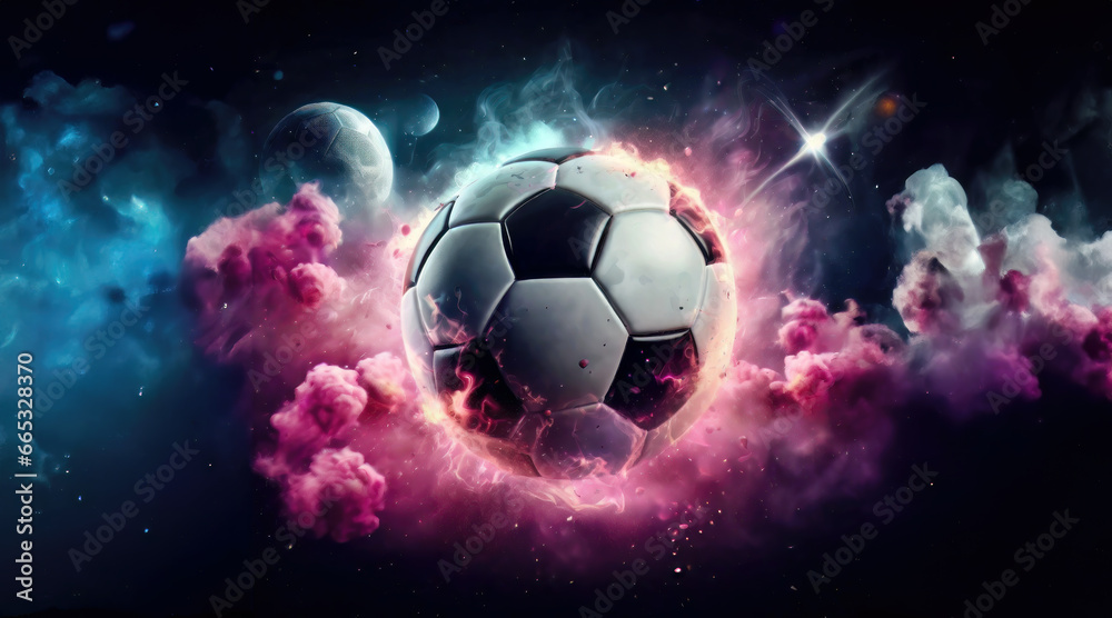 Fototapeta premium Soccer ball as a planet in space with pink smoke and explosions, dark background, sports, graphic arts, for banner, poster, flyer, football, goal, business concept, target, kick