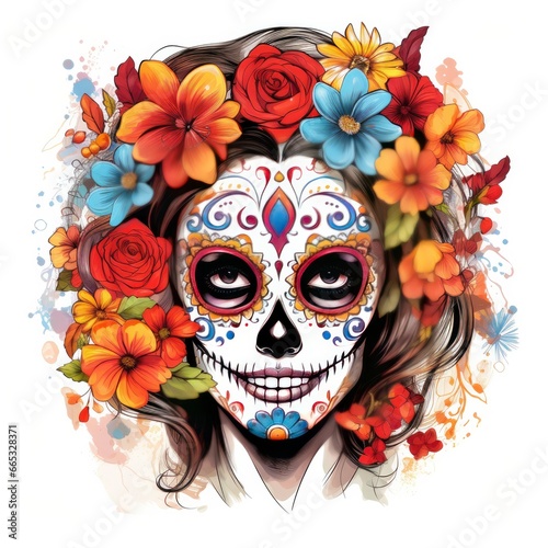 Woman sugar skull with beautiful colored flowers on white background.