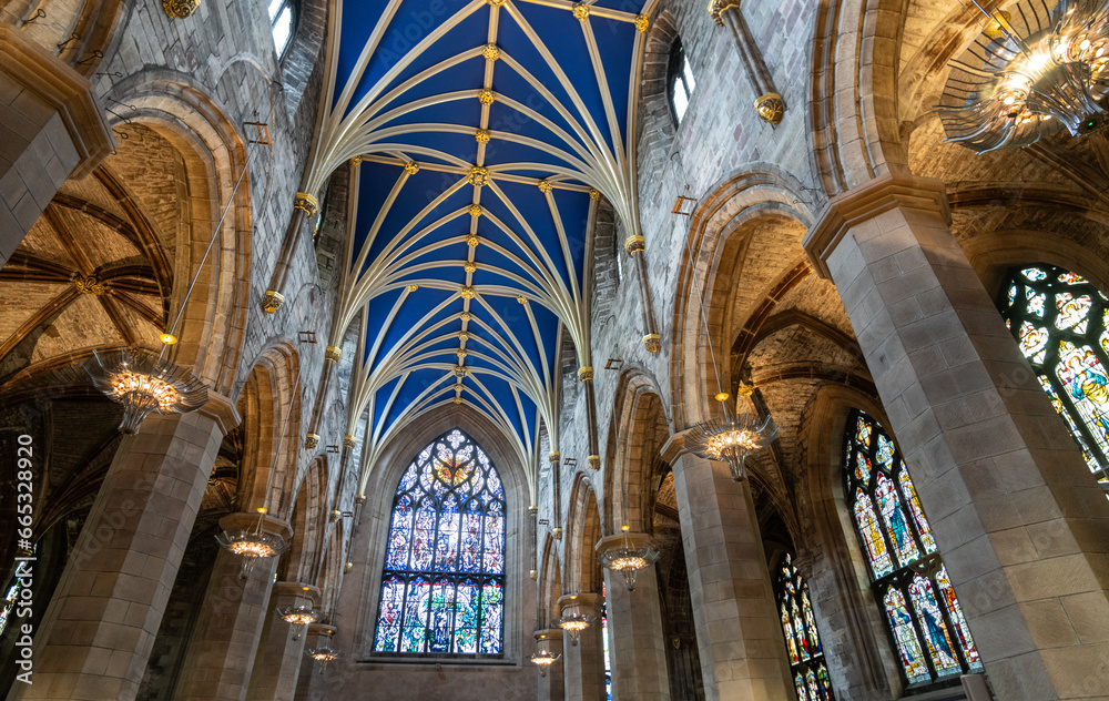 view of ceiling and windows at St. Giles Cathedral, Edinburgh, Scotland