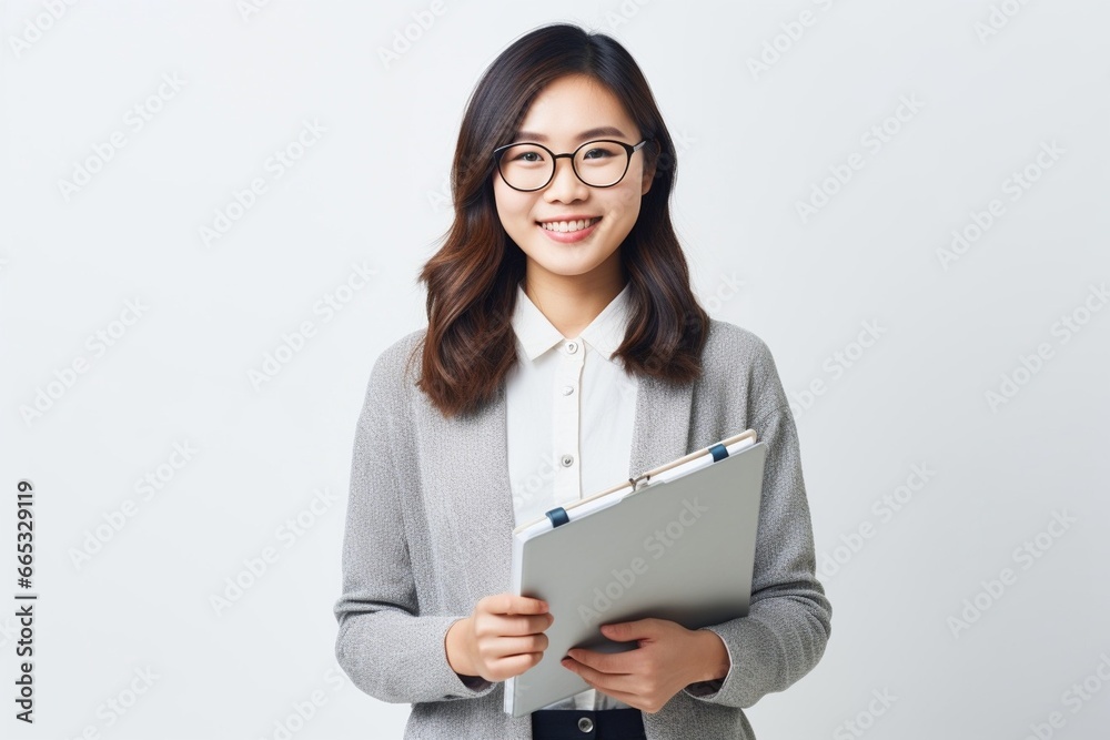Generative AI : Image of young asian woman, company worker in glasses, smiling and holding digital tablet, standing over white background Generative AI : Image of young asian woman, company worker in glasses, smiling and holding digital tablet, standing over white background