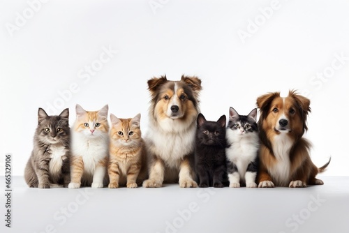 Generative AI   Different size and breed cats and dogs in a row together looking at camera over white