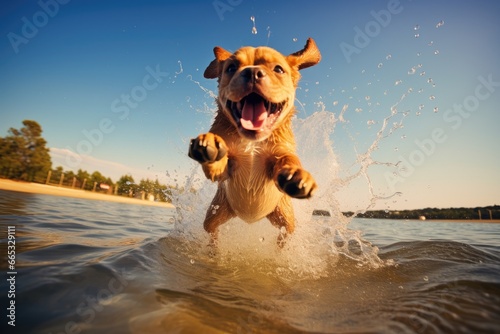 Dog jumping into the water on the beach © PinkiePie