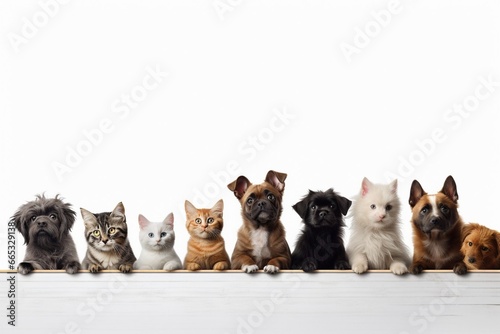Generative AI : Row of cats and dogs sitting looking up into blank white web banner