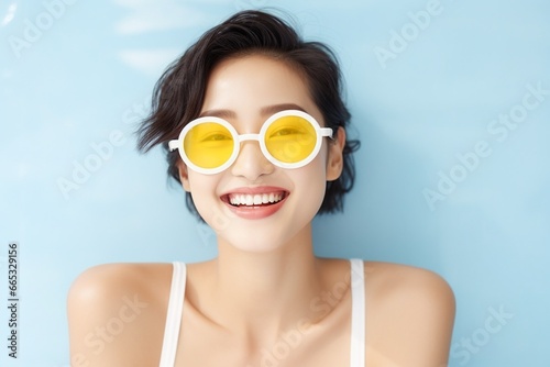 Generative AI : Happy beautiful Asian woman short hair wearing casual white sleeveless shirt holding yellow popsicle, outdoors. Smiling female enjoying ice lolly in summer. photo