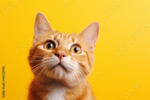 Generative AI : Red cat licking face isolated on yellow. Ginger pet with big eyes looking up. Tasty food for animal. Red fluffy friend. Domestic cute pet.