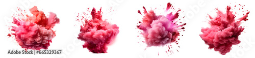 Set of powder explosion red and pink splashes, Colorful paint splash elements for design, isolated on white and transparent background