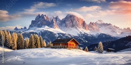 Generative AI : landscape with small wooden log cabin on meadow Alpe di Siusi on sunrise time photo