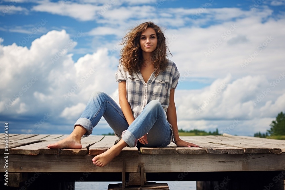 Generative AI : Happy young woman sitting. She is looking camera. Cloudy sky background. Vertical photo. Generative AI : Happy young woman sitting. She is looking camera. Cloudy sky background. Vertical photo.