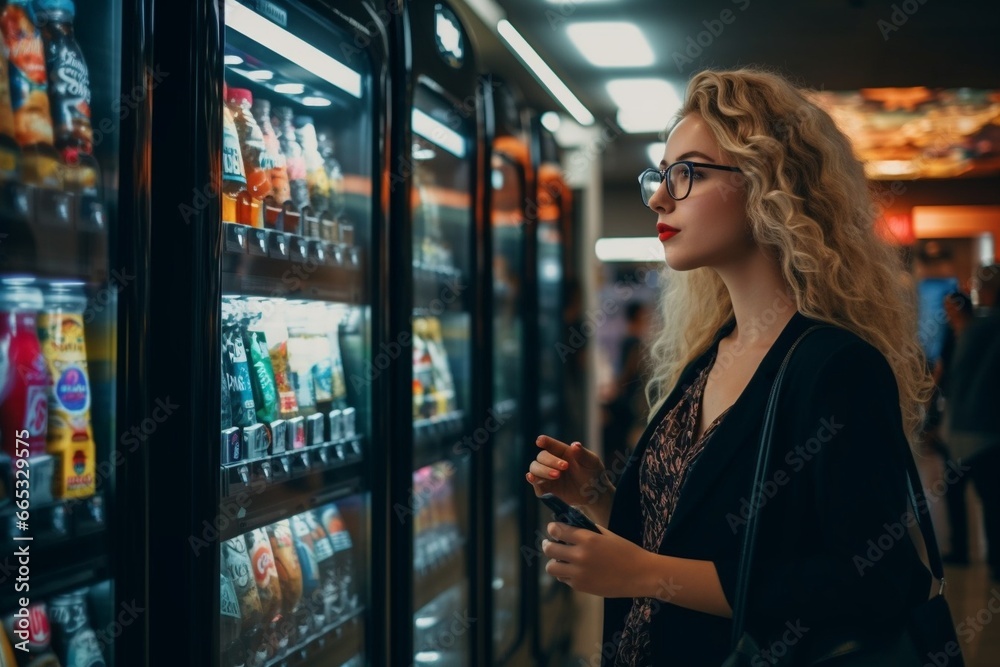 Generative AI : young caucasian woman in eyeglasses and black shirt stands by vending machines and chooses what to buy. - obrazy, fototapety, plakaty 